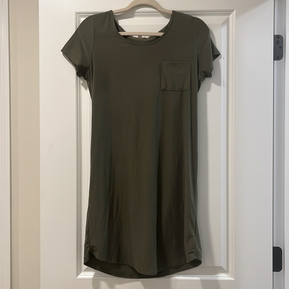 Olive green/ army green straight t-shirt mini dress with small pocket detail